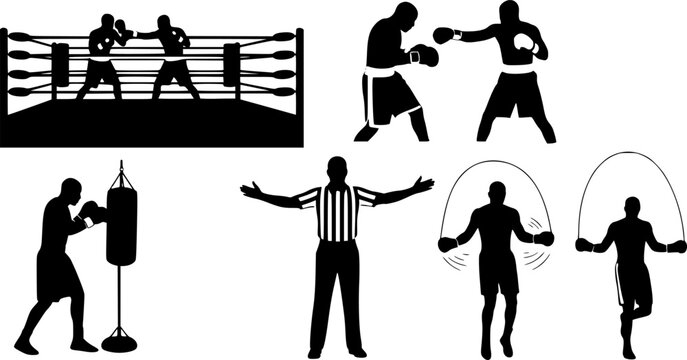 Flat vector silhouettes of boxers sparring, training, jumping rope, a referee, and athletes in a professional boxing, isolated on white background
