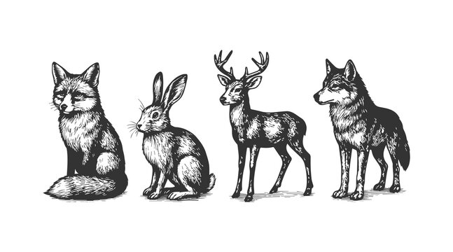 Wolf, fox, hare, deer standing in a woodcut illustration depicting wildlife and nature