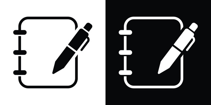 Minimalist vector icons of a blank spiral notepad and a pencil. Represents a fresh start, creative sketching, empty to-do lists, and planning.
