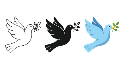 Obraz premium Set of three colorful dove illustrations in white black and blue with olive branches symbolizing peace and harmony