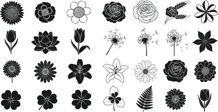 Black floral icon set with various flowers leaves dandelion tulip rose and botanical silhouettes vector collection isolated on white background