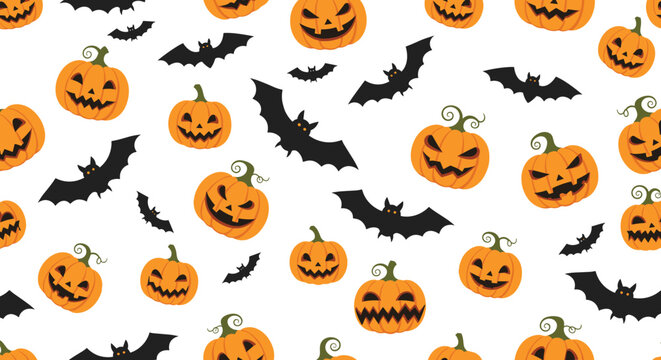 Spooky Halloween seamless pattern featuring carved jack-o-lantern pumpkins and black flying bats on white for festive holiday wallpaper.