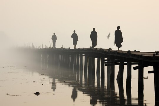 Monks walking along u bein bridge in myanmar, reflecting in the serene taungthaman lake water
