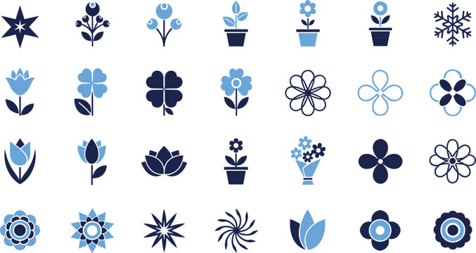 Blue floral icon set with modern flower shapes plants snowflake and abstract botanical elements minimal vector collection isolated on white background