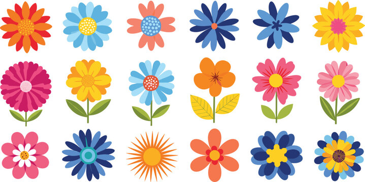 Colorful floral icon set with bright cartoon flowers flat vector collection cheerful spring blossom elements isolated on white background