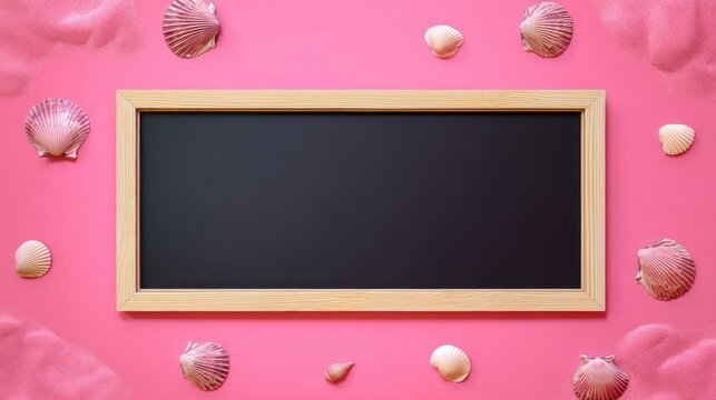 A pale wood framed chalkboard on pink background surrounded by scattered white seashells creates a romantic coastal deco