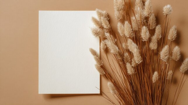 White textured paper on left with dried light brown foxtails on right, warm neutral tones, simple natural autumn vibe.