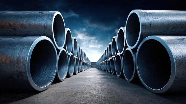 Symmetrical steel pipes aligned, reflecting light under a dramatic sky, symbolizing industrial precision and strength.