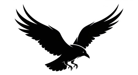 Fototapeta premium Black eagle flying with spread wings in a simple vector silhouette on a white background representing freedom in the sky