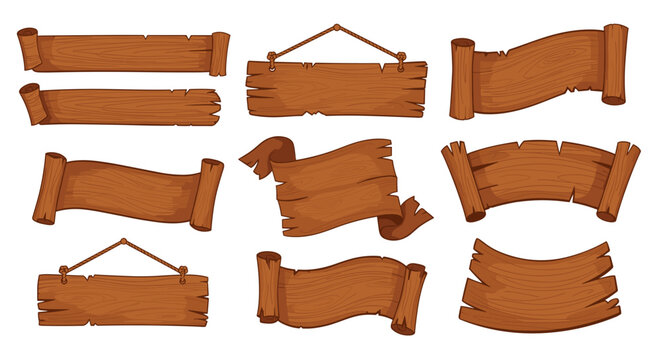 Collection of various wooden signs and banners including planks and scrolls in different shapes for decorative messaging.