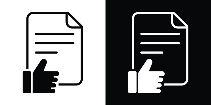 Approval icon featuring a document with a thumbs-up hand gesture. Symbolizes successful verification, passed inspection, positive feedback, and project acceptance for business use.