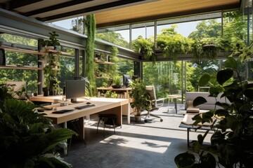Fototapeta premium Contemporary eco friendly office interior incorporating green plants and natural light