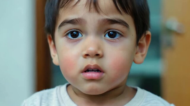 Close-up of a child's face, close-up of a cute child's curious expression