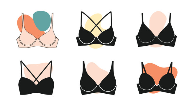 Set of various women lingerie styles including different bra designs in black and beige tones with abstract backgrounds.