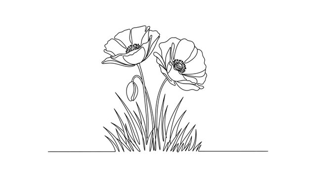 A line drawing of poppy flowers. Continuous line style. Hand drawn. Line art. Vector design. illustration