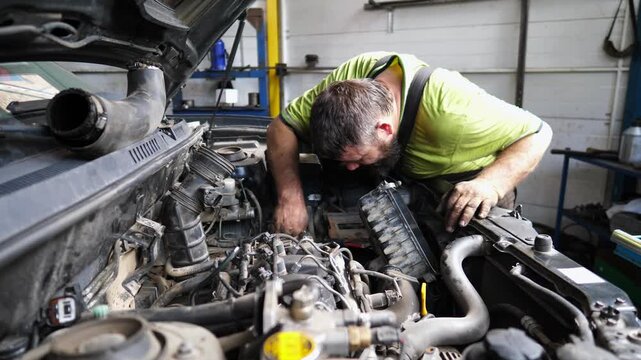 Professional repairman inspecting car engine at service. Adult auto mechanic working under hood of vehicle at garage. Male repairer checking automobile motor at workshop. Transport maintenance