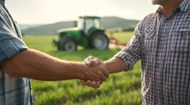 Farmers shaking hands in field with tractor in background