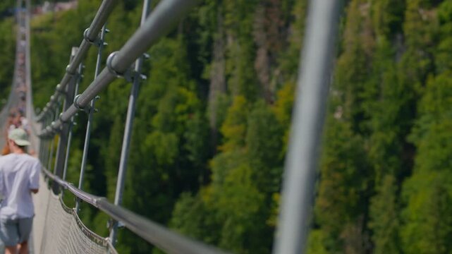 Highline 179 bridge in the Austrian Alps. Suspension bridge over a gorge in the mountains.