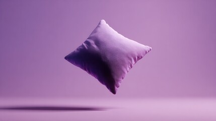 Fototapeta premium Purple decorative pillow floating in mid-air against a matching purple studio background