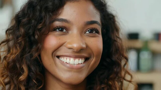 Close-up of curly-haired women smiling, close-up of curly-haired women with bright smiling faces