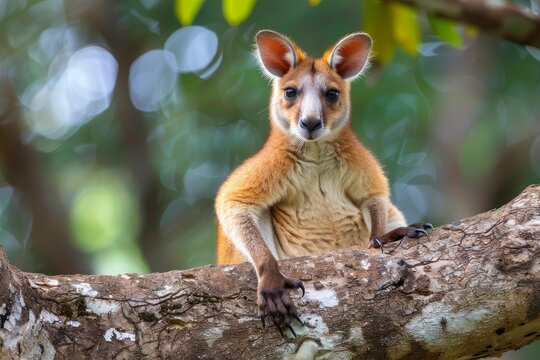 Goodfellow's tree kangaroo relaxes on tree branch in rainforest, showcasing its vibrant fur and powerful claws