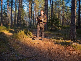Fototapeta premium Hiker with trekking poles standing on forest trail in sunlight