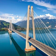 Obraz premium A large suspension bridge over a calm body of water with mountains