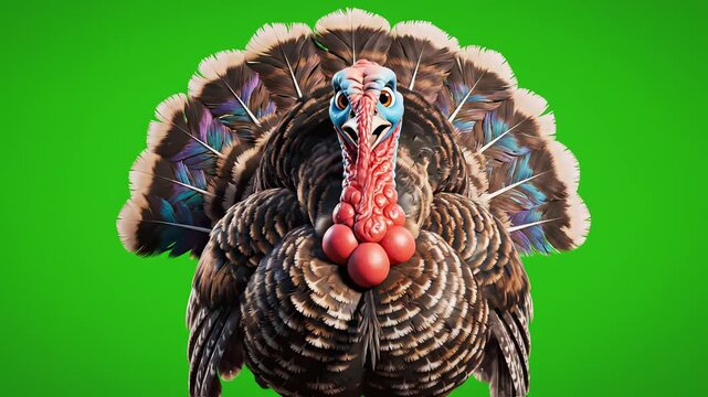 Turkey with colorful feathers on green background for commercial backgrounds, digital design, and advertising