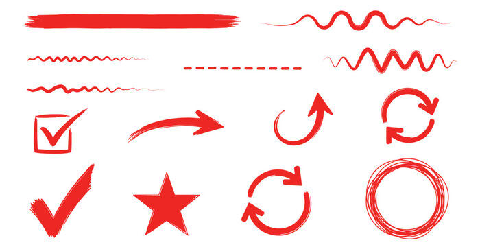 Collection of red scribble lines arrows checkmarks and shapes on a white background