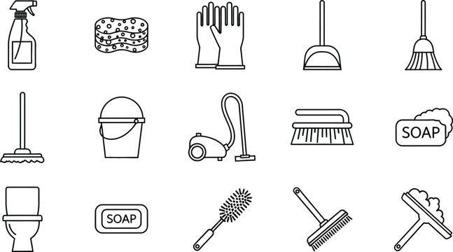 Collection of cleaning supplies including spray bottle sponge gloves broom dustpan mop bucket vacuum cleaner toilet brush soap and squeegee