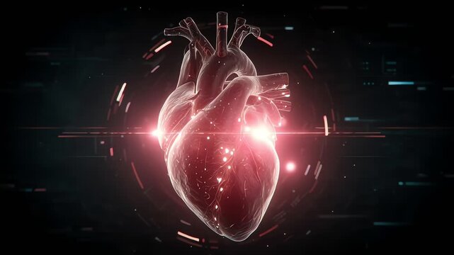 Futuristic digital rendering of human heart with glowing medical HUD.