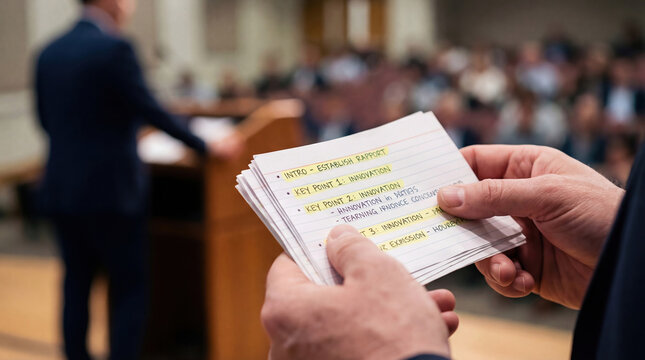 Hands hold index cards with speech notes. A speaker stands at a podium before a blurred audience in a lecture hall. Ideal for business, education, and public speaking themes.