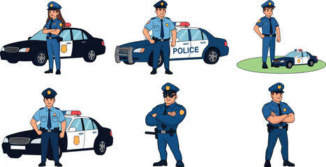 Police officers with patrol cars vector illustration set law enforcement characters in uniform security service flat design collection © MdYeasin