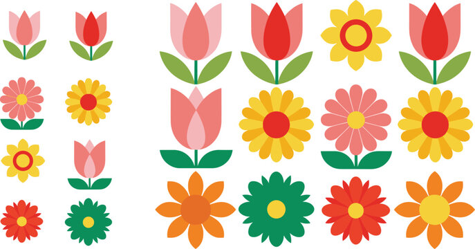 Collection of minimalist geometric flat vector flowers and tulips in vibrant red yellow and orange colors isolated on white background for modern pattern and surface design