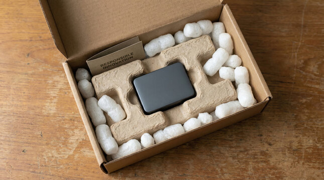 Small electronic device in a cardboard box with molded pulp tray and foam peanuts. Represents sustainable shipping and responsible innovation. Perfect for e-commerce and technology articles.