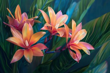 Fototapeta premium Vibrant orange tropical flowers blooming amidst lush green foliage, creating a captivating natural display