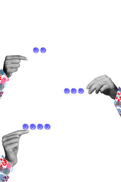 Vertical photo collage of hands hold text bubble communication dialogue discussion exchange comments isolated on painted background