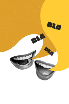 Composite trend artwork sketch image photo collage of abstract caricature fragment face mouth lips smile speech bubble bla talk speech