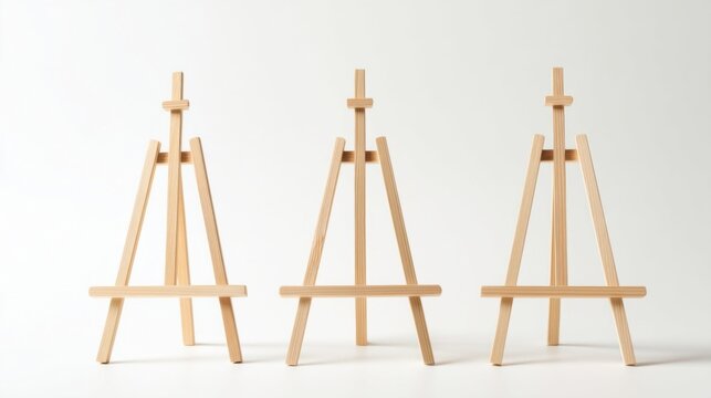 Three identical light wooden A-frame easels stand side by side on a pure white background, clean and symmetrical with so