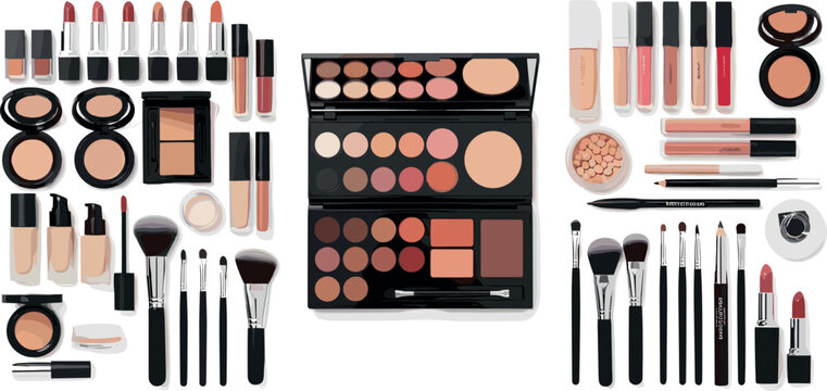 Professional makeup cosmetics collection with foundation lipstick brushes eyeshadow palette and beauty tools flat vector illustration set