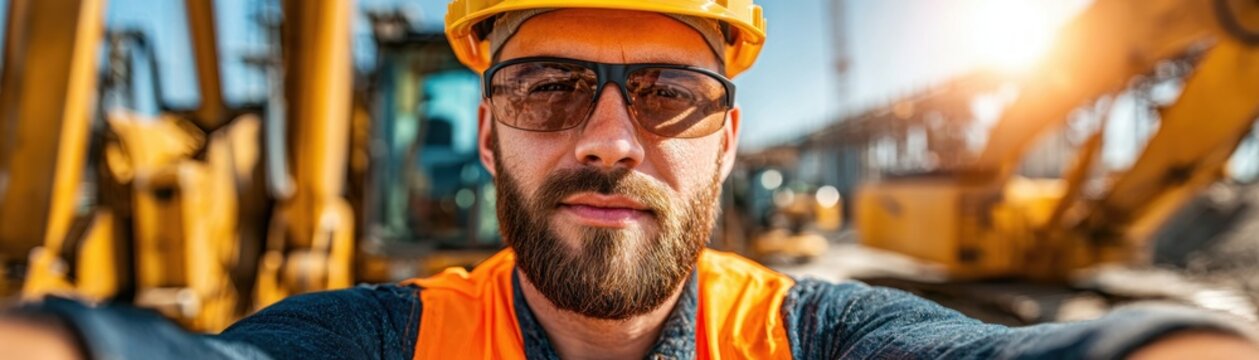 selfie composition dramatic of Professional Construction Worker Taking Selfie at Busy Building Site