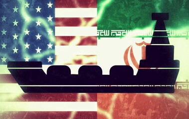 Oil vessel ship against flags of USA and Iran showing signs of war and closing of Strait of Hormuz strategic oil Route map of world. US Iran ceasefire talks failed. Blockade of vessels and ships. © Sami