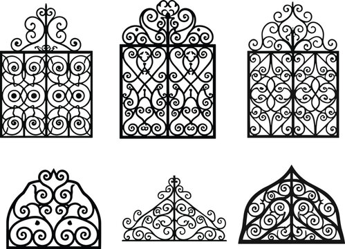 Ornate wrought iron gate and window grille designs featuring decorative scrolls, curls, floral motifs, symmetrical patterns, and architectural craftsmanship illustration
