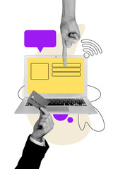 Obraz premium Vertical poster collage computer laptop internet communication interface wifi textbox message credit card finger pointing gesture
