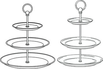 Two-tier and three-tier serving stands with circular plates, central rods, and elegant design for desserts, pastries, and appetizer presentation illustration © Tanzila