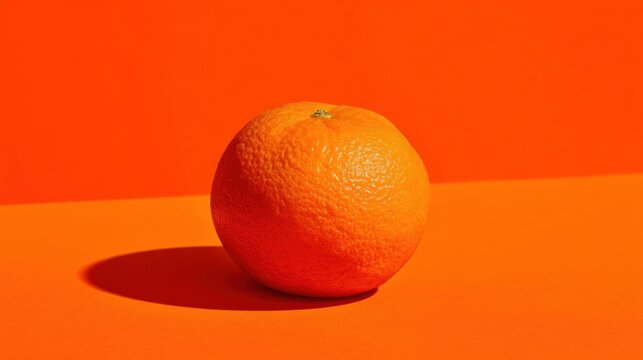 A vibrant orange with clear texture on green stem sits on intense orange surface, casting deep shadow under natural ligh