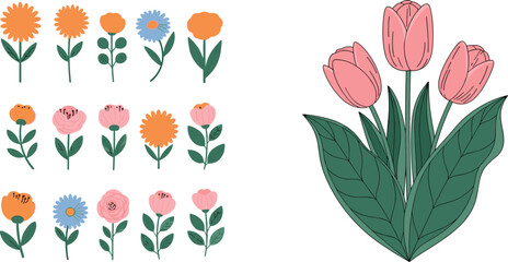 Obraz premium Set of hand drawn spring flower icons and a pink tulip bouquet vector illustration with green leaves isolated on white background for greeting card and botanical design