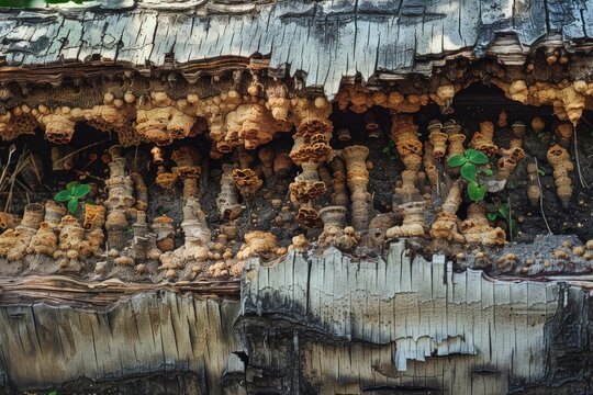 Stemonitis fusca slime mold thrives on a decaying log, displaying intricate structures and textures