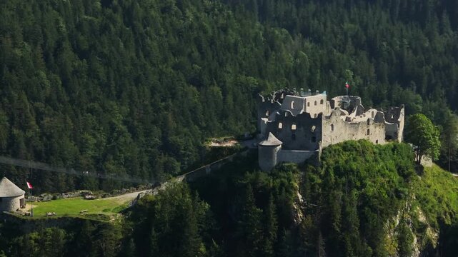 Aerial view of Ehrenberg Castle in Austria. Beautiful architecture of ancient building in the Alps landscape, Europe.