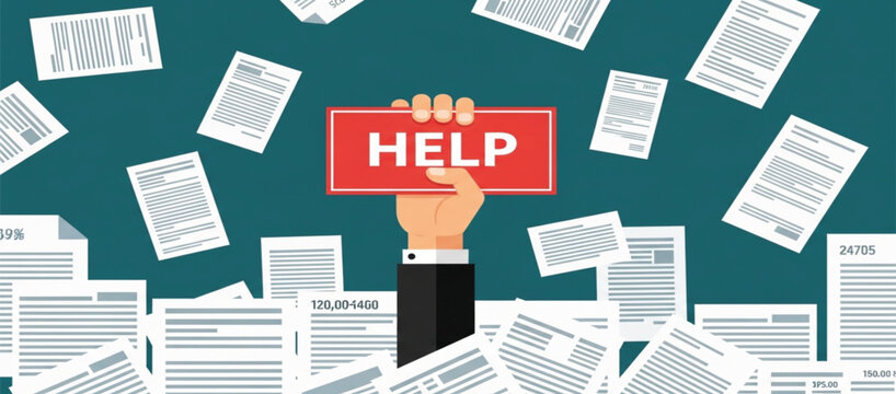 Help Request Amid Paperwork Overload, Business Support Assistance Concept, Administrative Crisis, Urgent Office Documents Problem Illustration